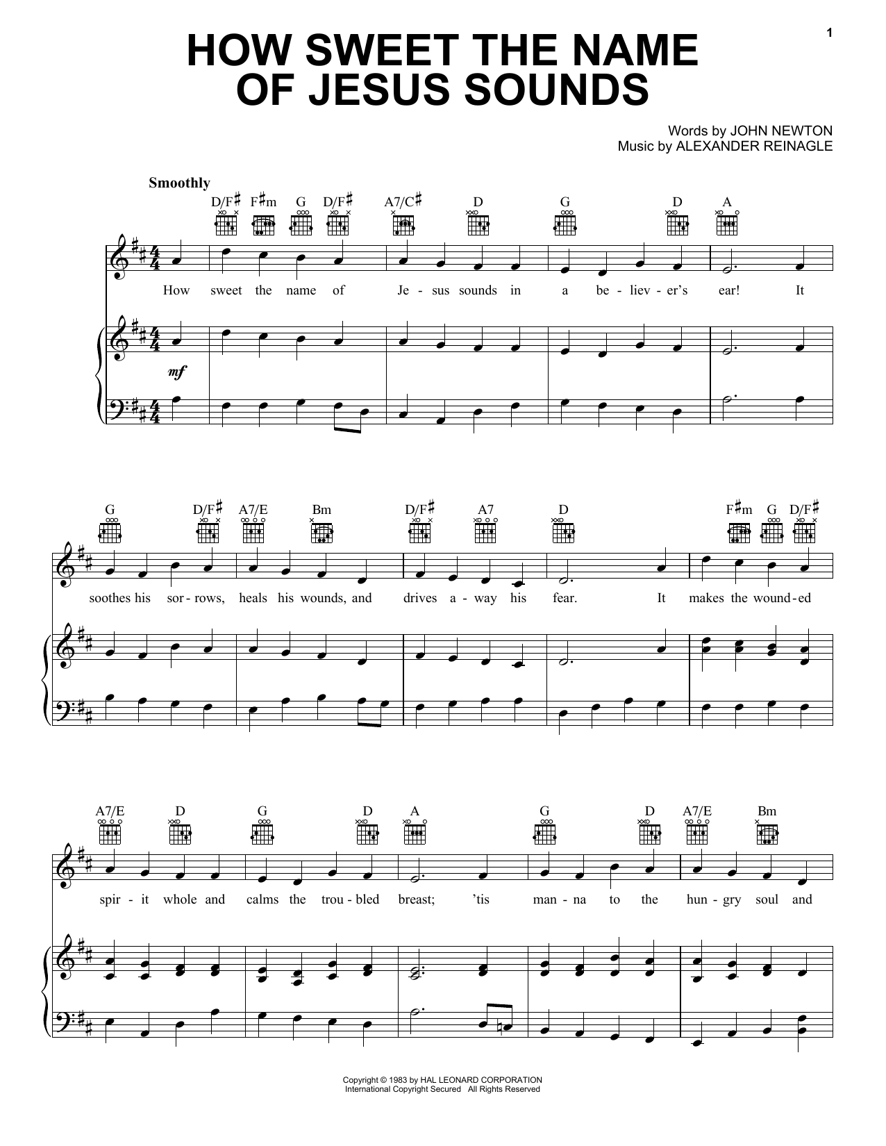 Alexander R. Reinagle How Sweet The Name Of Jesus Sounds sheet music notes and chords arranged for Piano, Vocal & Guitar Chords (Right-Hand Melody)