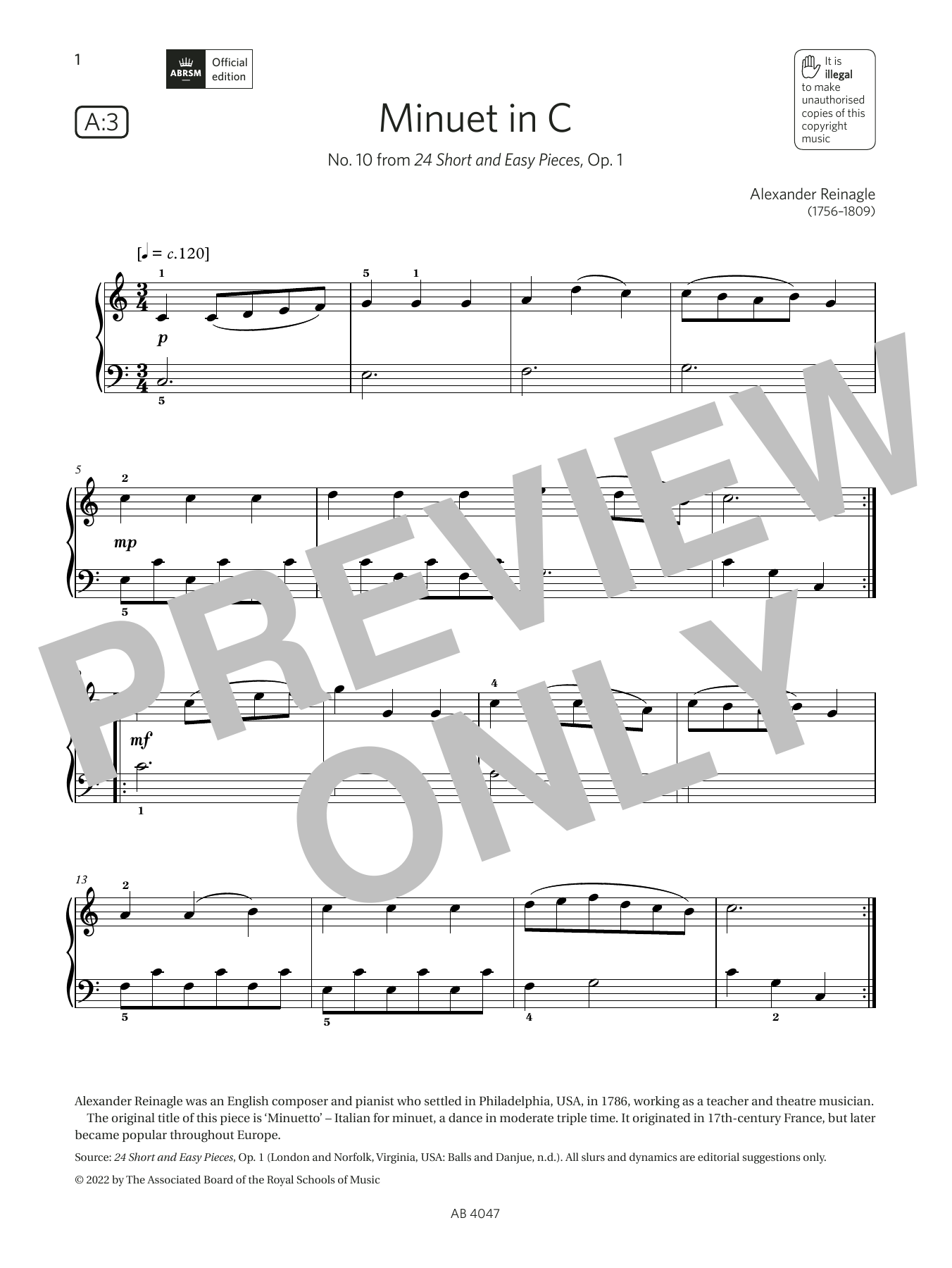 Alexander Reinagle Minuet in C (Grade 1, list A3, from the ABRSM Piano Syllabus 2023 & 2024) sheet music notes and chords arranged for Piano Solo