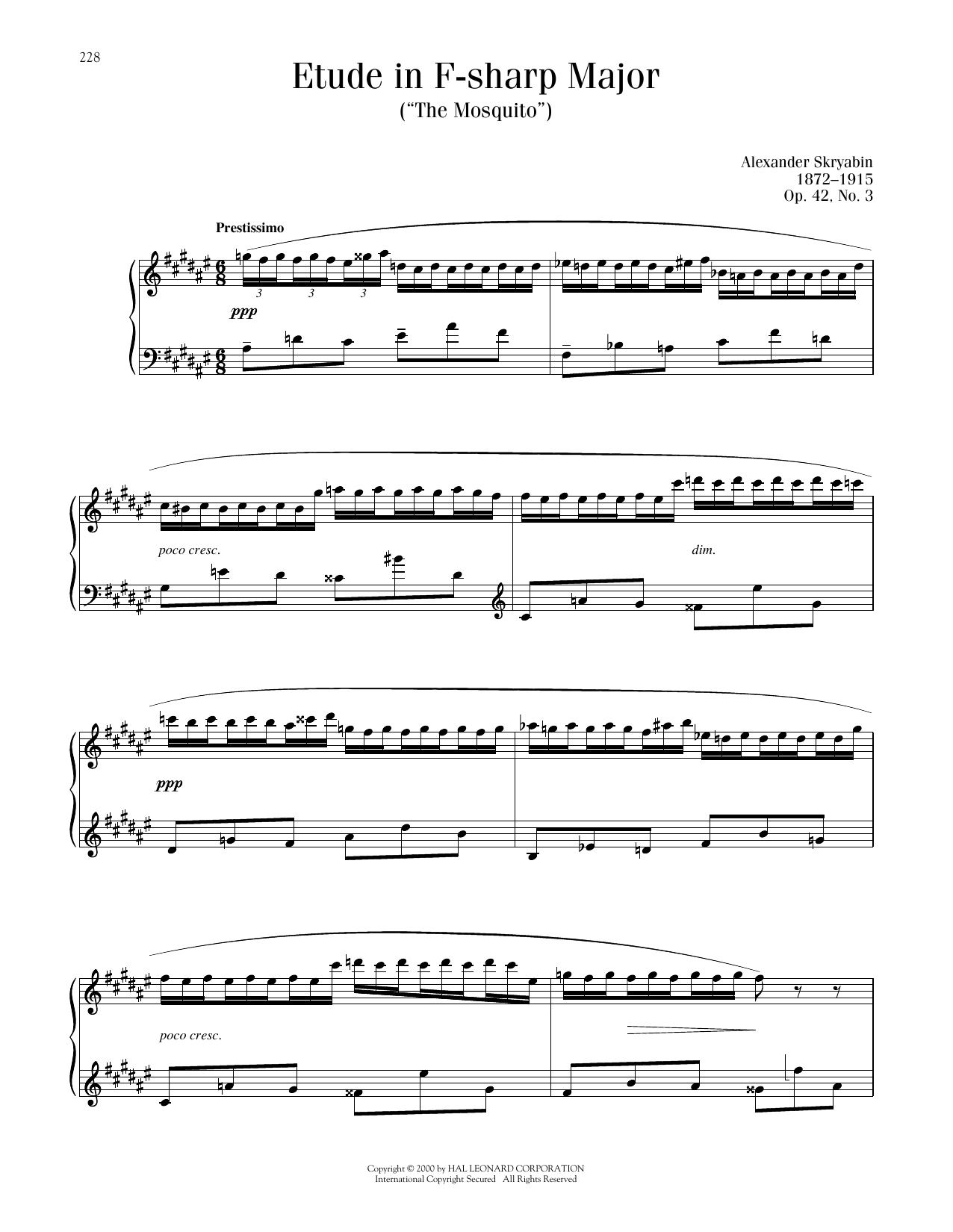 Alexander Scriabin Etude, Op. 42, No. 3 sheet music notes and chords arranged for Piano Solo