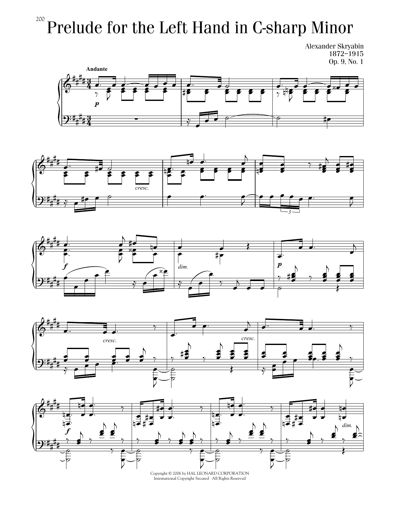 Alexander Scriabin Prelude For The Left Hand, Op. 9, No. 1 sheet music notes and chords arranged for Piano Solo