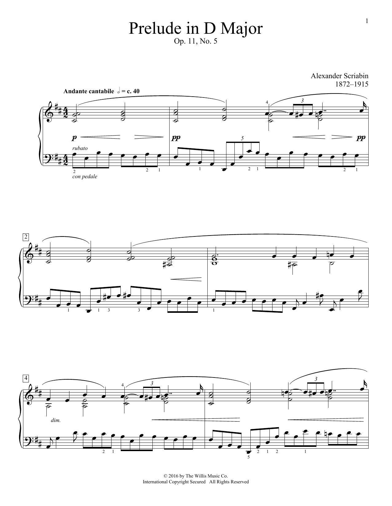 Alexander Scriabin Prelude In D Major, Op. 11, No. 5 sheet music notes and chords arranged for Educational Piano