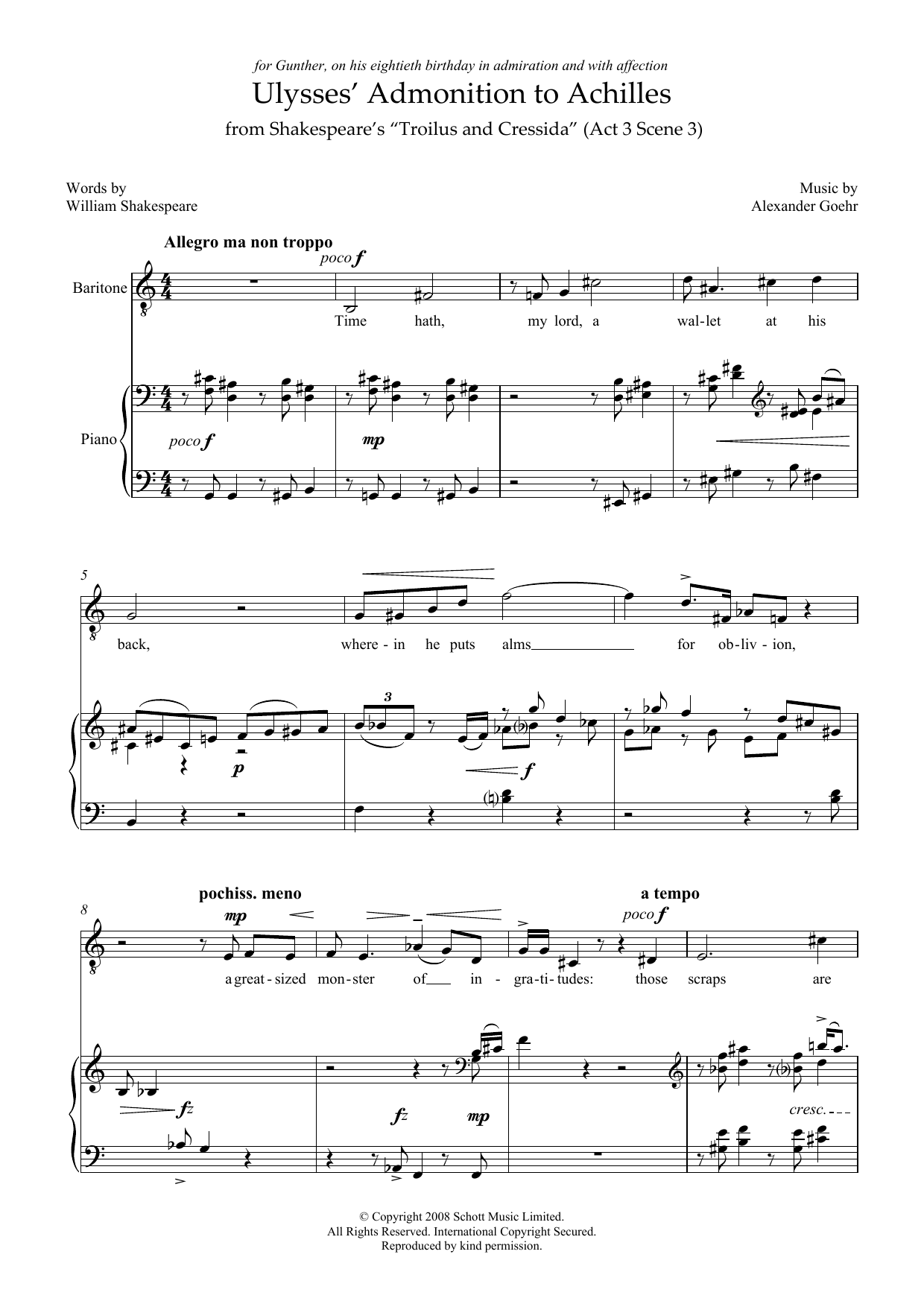 Alexander Goehr Ulysses' Admonition to Achilles (for baritone and piano) sheet music notes and chords arranged for Piano & Vocal