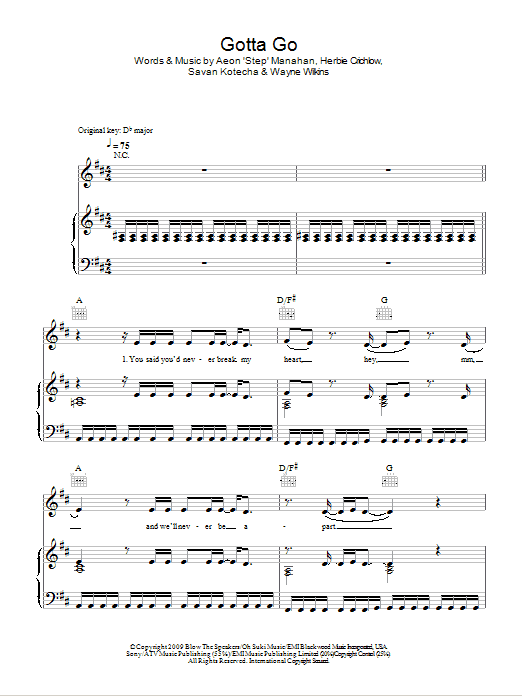 Alexandra Burke Gotta Go sheet music notes and chords arranged for Piano, Vocal & Guitar Chords