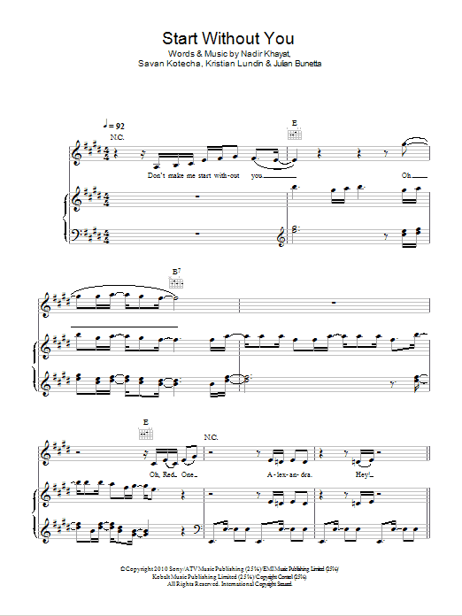 Alexandra Burke Start Without You sheet music notes and chords arranged for Piano, Vocal & Guitar Chords