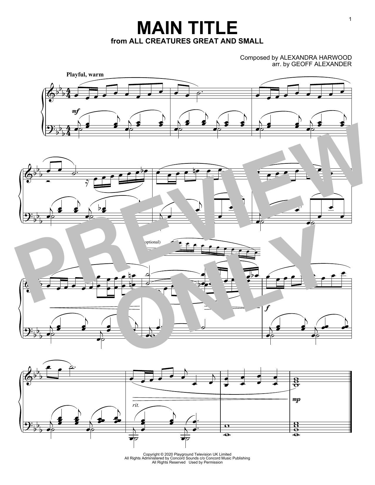 Alexandra Harwood All Creatures Great And Small (Main Title) sheet music notes and chords arranged for Piano Solo