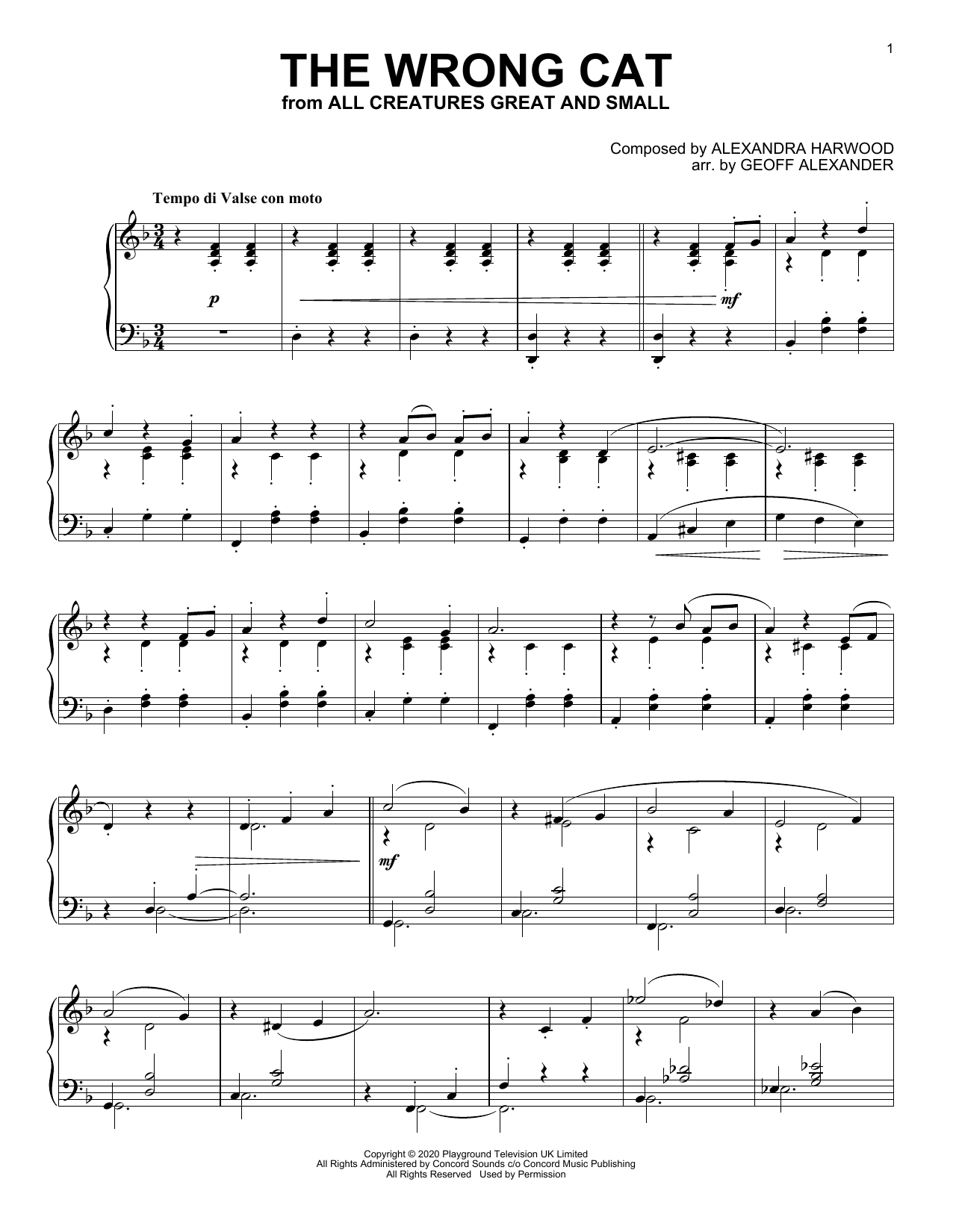 Alexandra Harwood The Wrong Cat (from All Creatures Great And Small) sheet music notes and chords arranged for Piano Solo