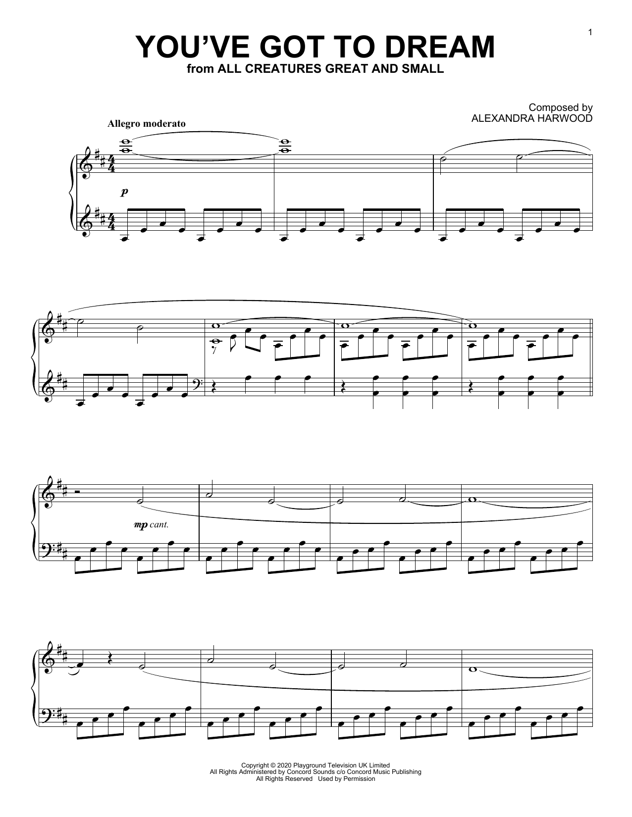 Alexandra Harwood You've Got To Dream (from All Creatures Great And Small) sheet music notes and chords arranged for Piano Solo