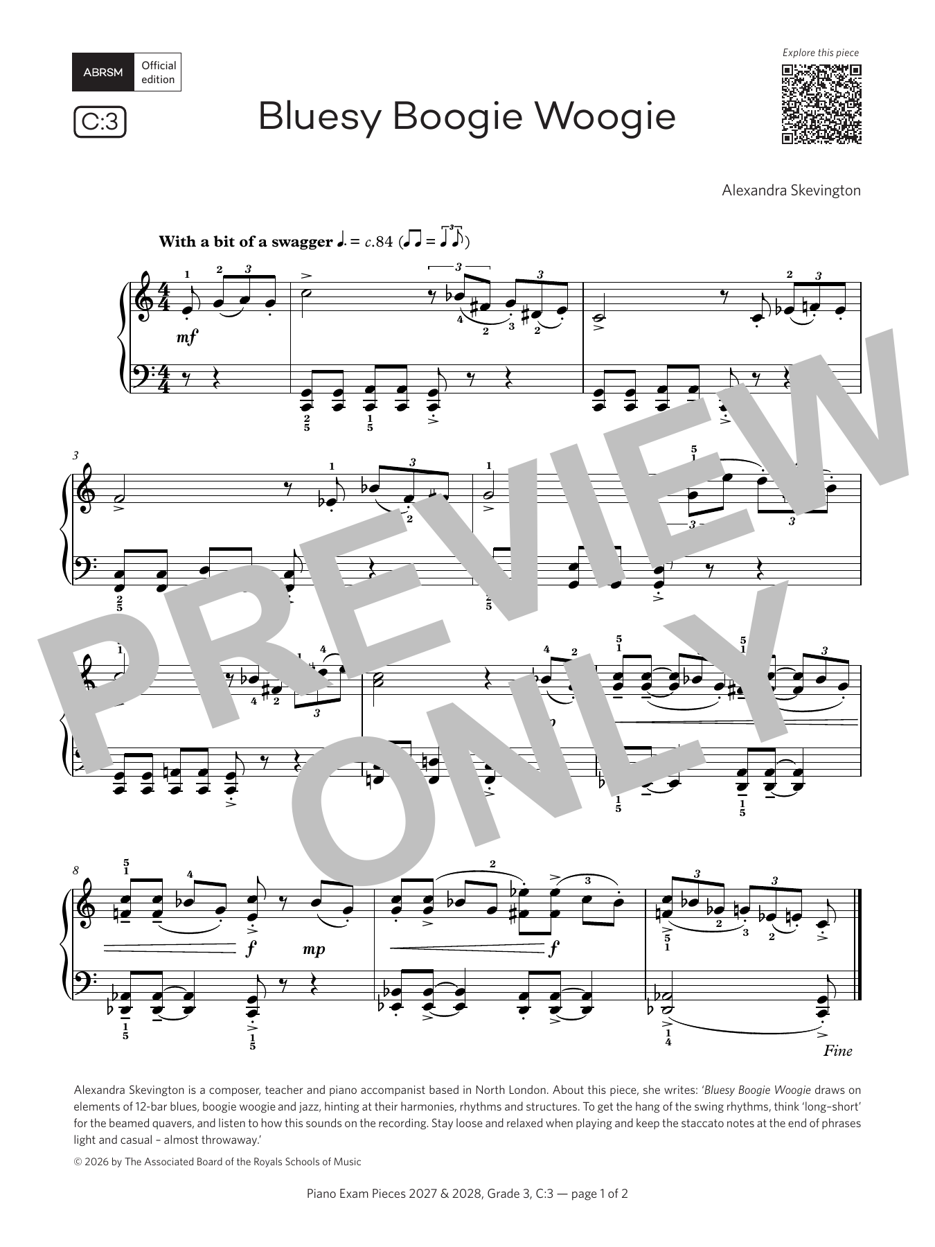 Alexandra Skevington Bluesy Boogie Woogie (Grade 3, list C3, from the ABRSM Piano Syllabus 2027 & 2028) sheet music notes and chords arranged for Piano Solo