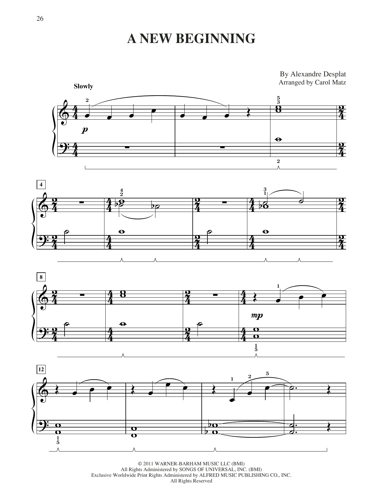 Alexandre Desplat A New Beginning (from Harry Potter) (arr. Carol Matz) sheet music notes and chords arranged for Big Note Piano