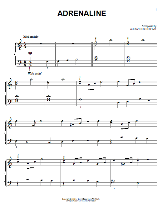 Alexandre Desplat Adrenaline (from The Twilight Saga: New Moon) sheet music notes and chords arranged for Piano Solo