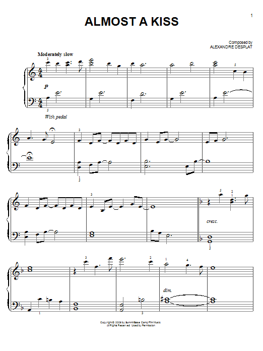 Alexandre Desplat Almost A Kiss (from The Twilight Saga: New Moon) sheet music notes and chords arranged for Piano Solo