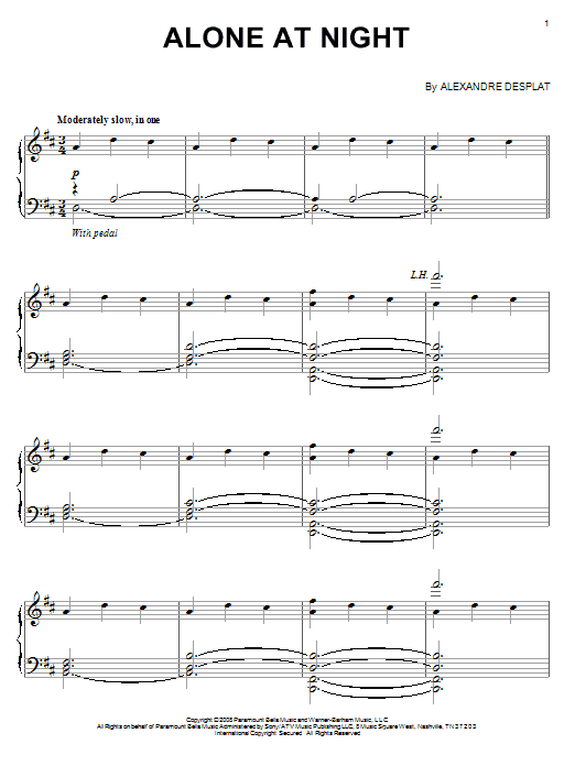 Alexandre Desplat Alone At Night sheet music notes and chords arranged for Piano Solo