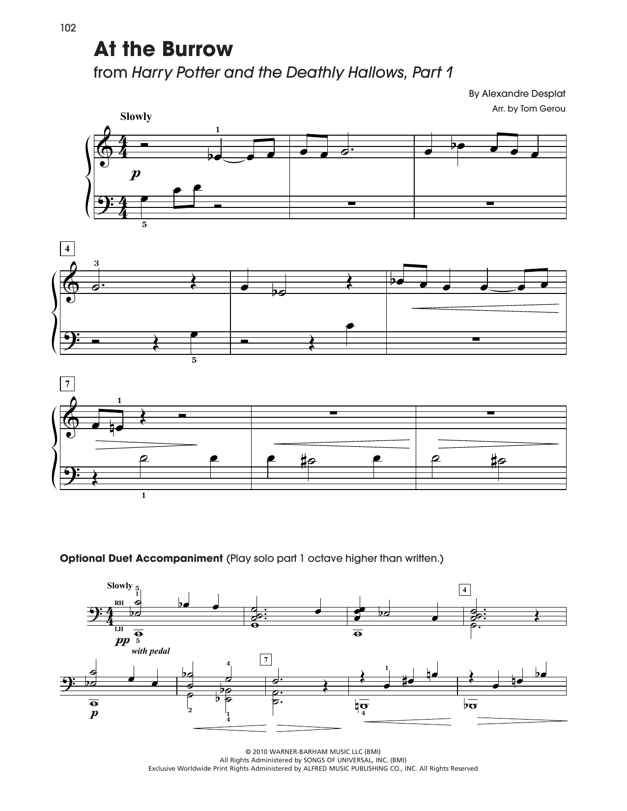 Alexandre Desplat At The Burrow (from Harry Potter) (arr. Tom Gerou) sheet music notes and chords arranged for 5-Finger Piano