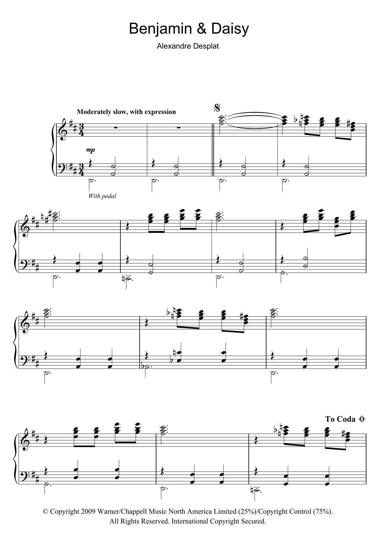 Alexandre Desplat Benjamin And Daisy (from The Curious Case Of Benjamin Button) sheet music notes and chords arranged for Piano Solo