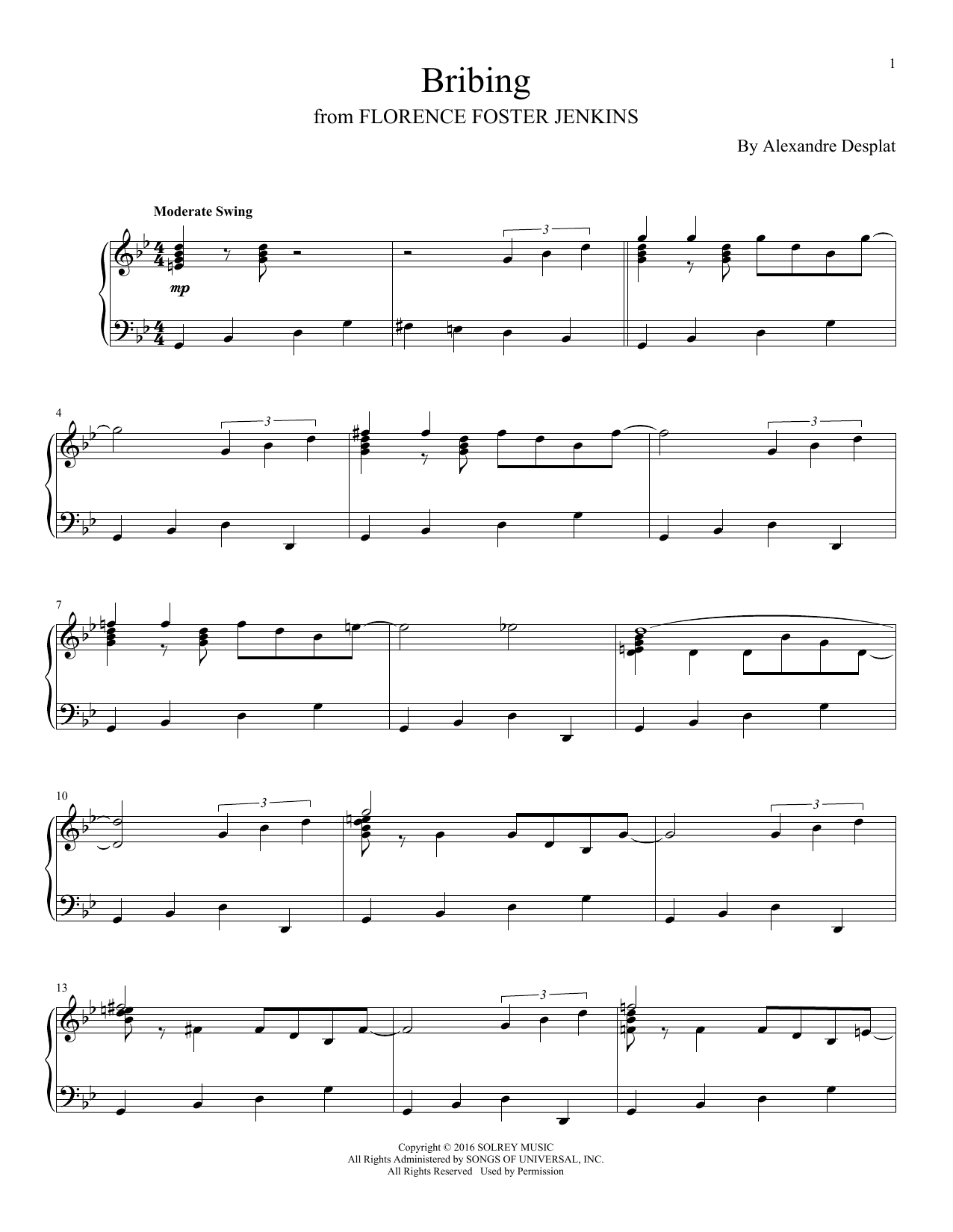 Alexandre Desplat Bribing sheet music notes and chords arranged for Piano Solo