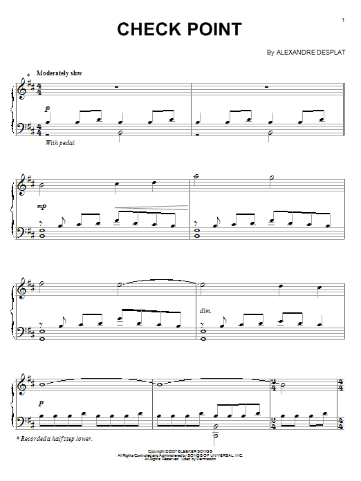 Alexandre Desplat Check Point sheet music notes and chords arranged for Piano Solo
