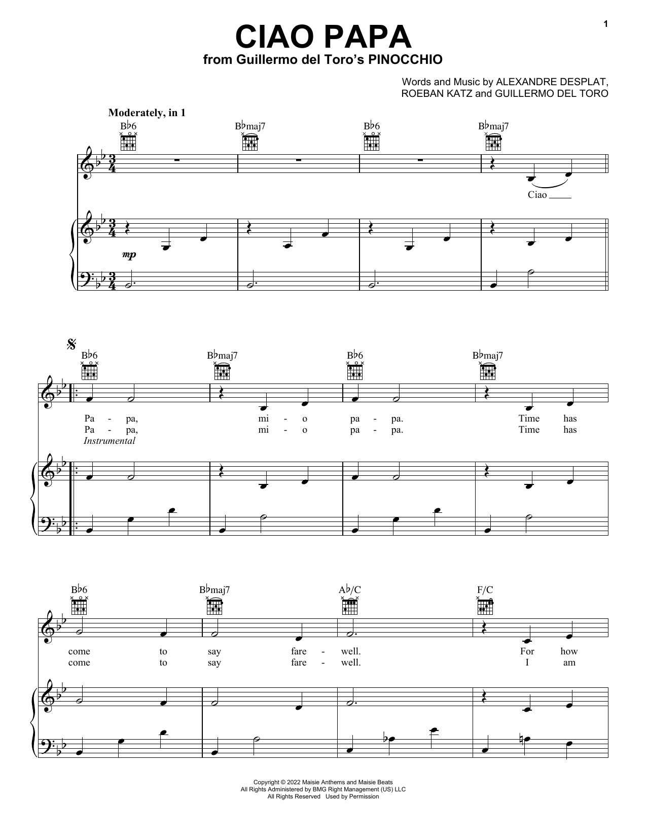 Alexandre Desplat Ciao Papa (from Guillermo del Toro's Pinocchio) sheet music notes and chords arranged for Piano, Vocal & Guitar Chords (Right-Hand Melody)