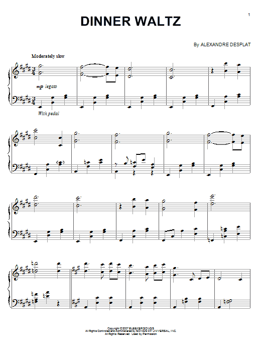 Alexandre Desplat Dinner Waltz sheet music notes and chords arranged for Piano Solo
