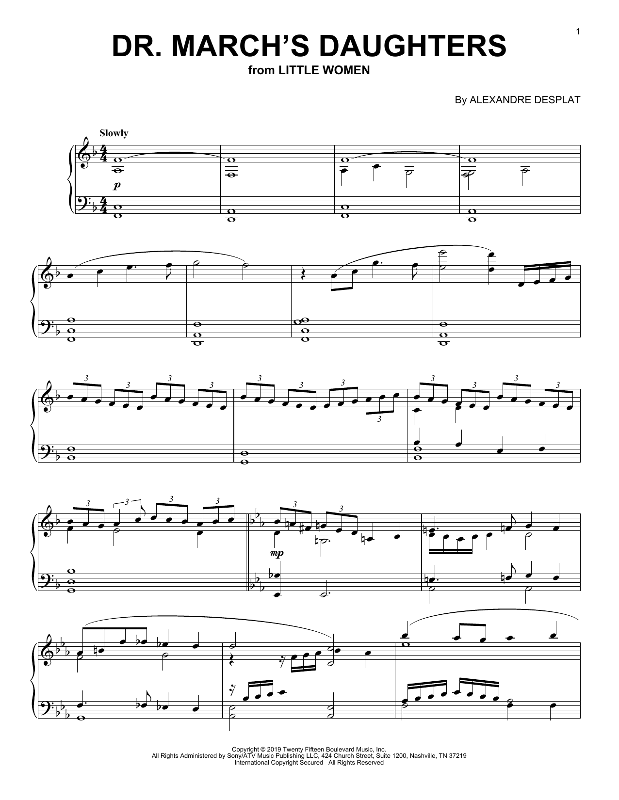 Alexandre Desplat Dr. March's Daughters (from the Motion Picture Little Women) sheet music notes and chords arranged for Piano Solo