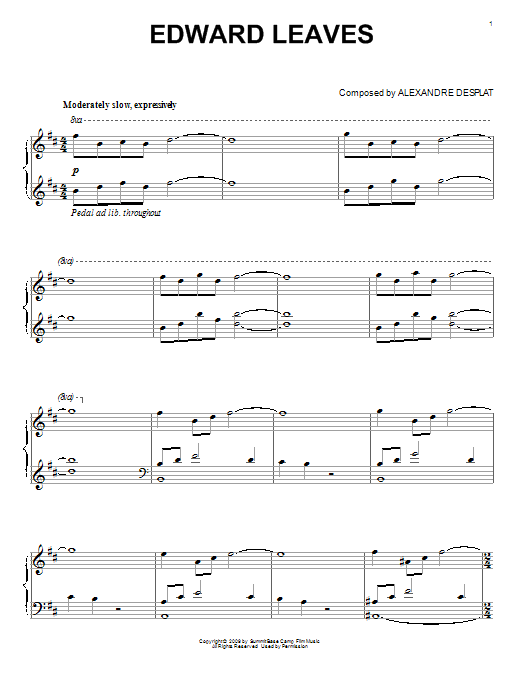 Alexandre Desplat Edward Leaves (from The Twilight Saga: New Moon) sheet music notes and chords arranged for Piano Solo