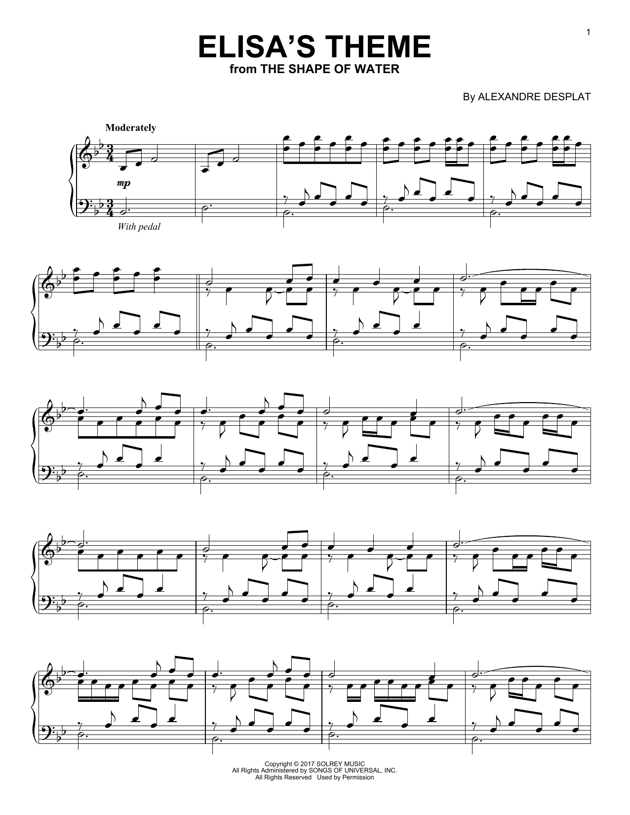 Alexandre Desplat Elisa's Theme sheet music notes and chords arranged for Piano Solo