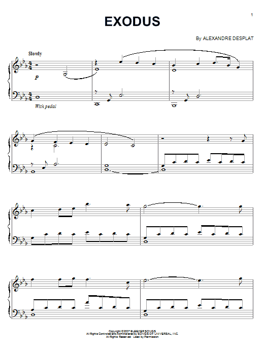 Alexandre Desplat Exodus sheet music notes and chords arranged for Piano Solo