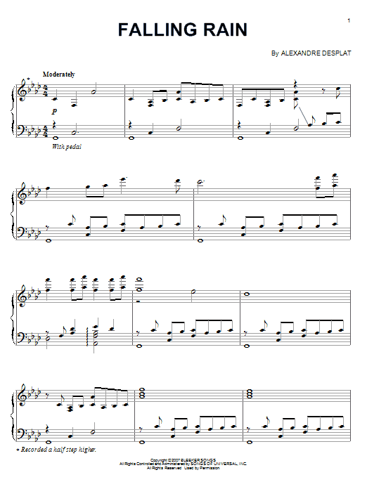 Alexandre Desplat Falling Rain sheet music notes and chords arranged for Piano Solo