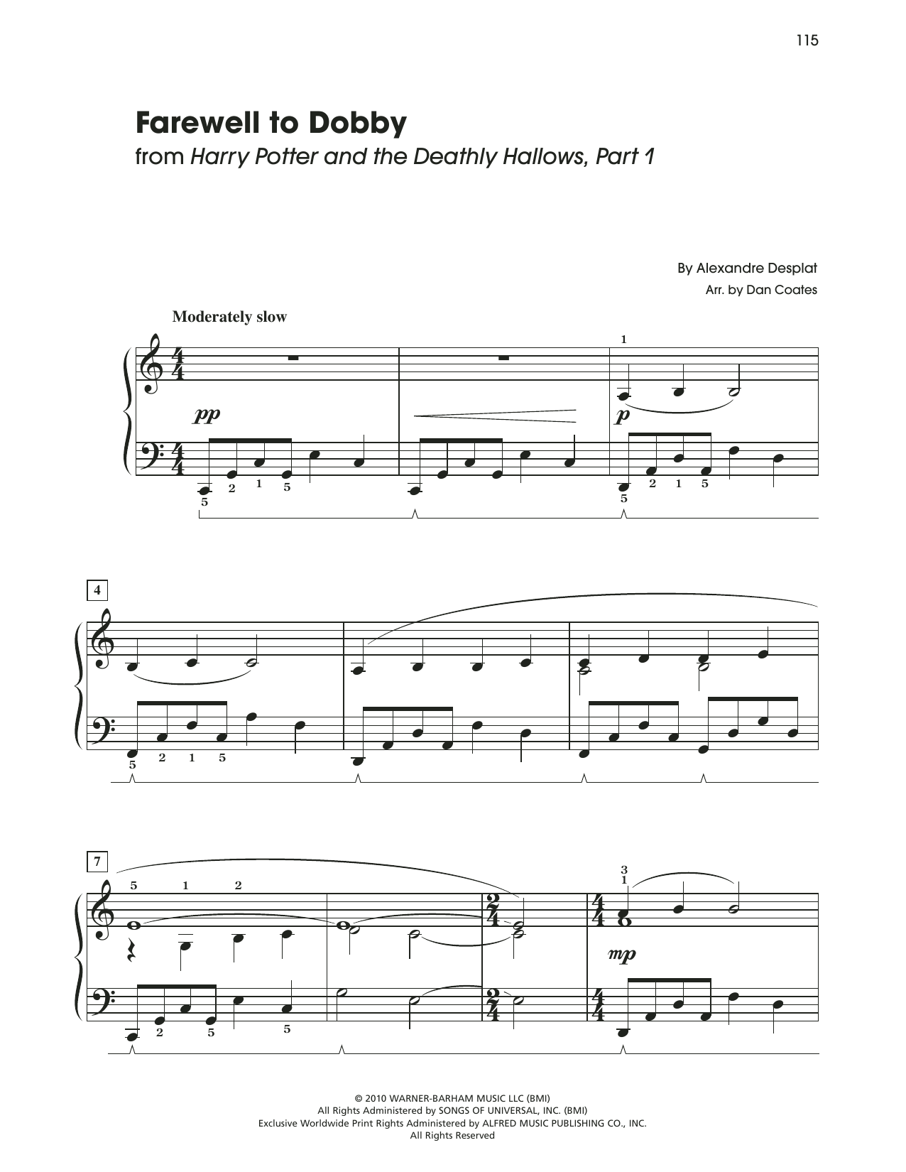 Alexandre Desplat Farewell To Dobby (from Harry Potter And The Deathly Gallows, Pt. 1) (arr. Dan Coates) sheet music notes and chords arranged for Easy Piano