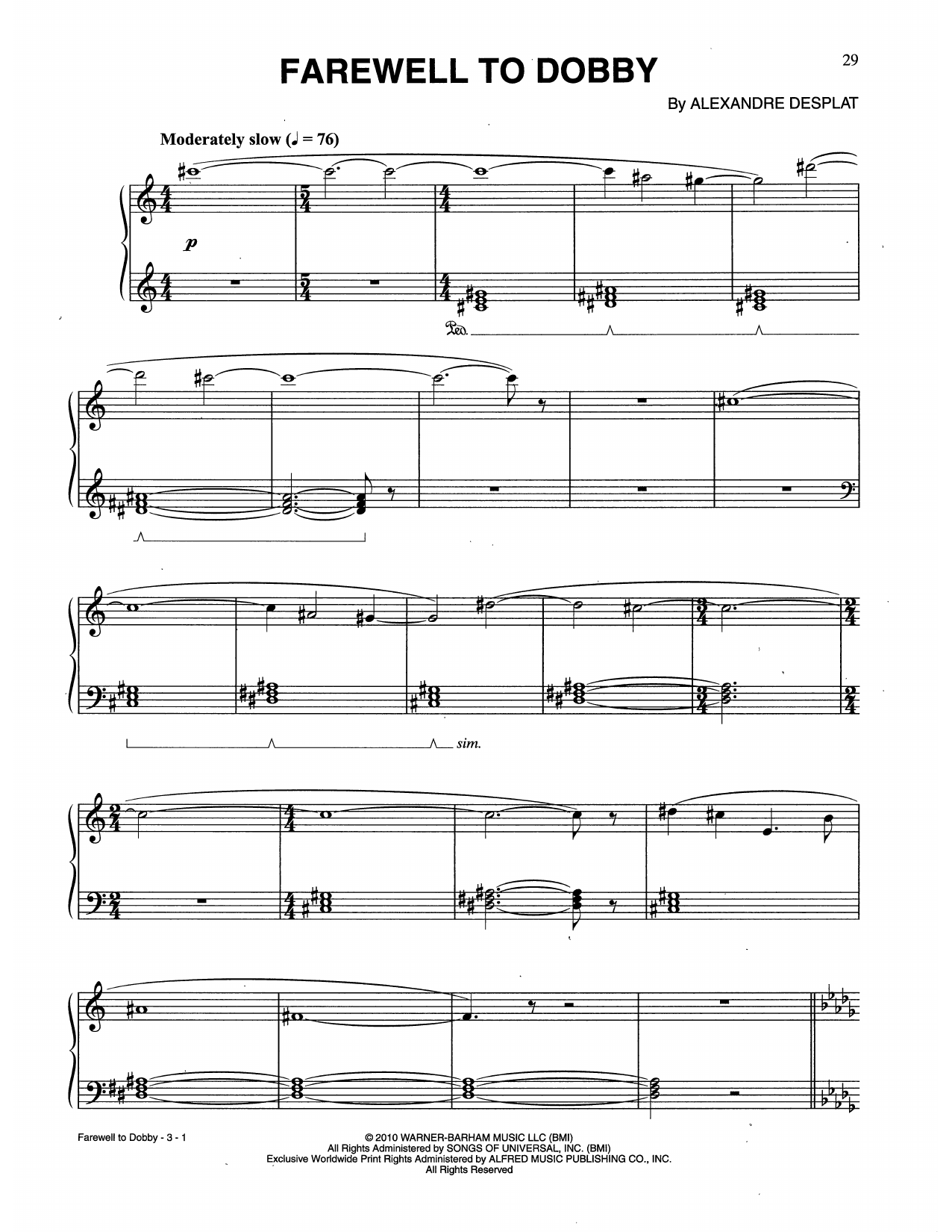 Alexandre Desplat Farewell To Dobby (from Harry Potter And The Deathly Gallows, Pt. 1) sheet music notes and chords arranged for Piano Solo