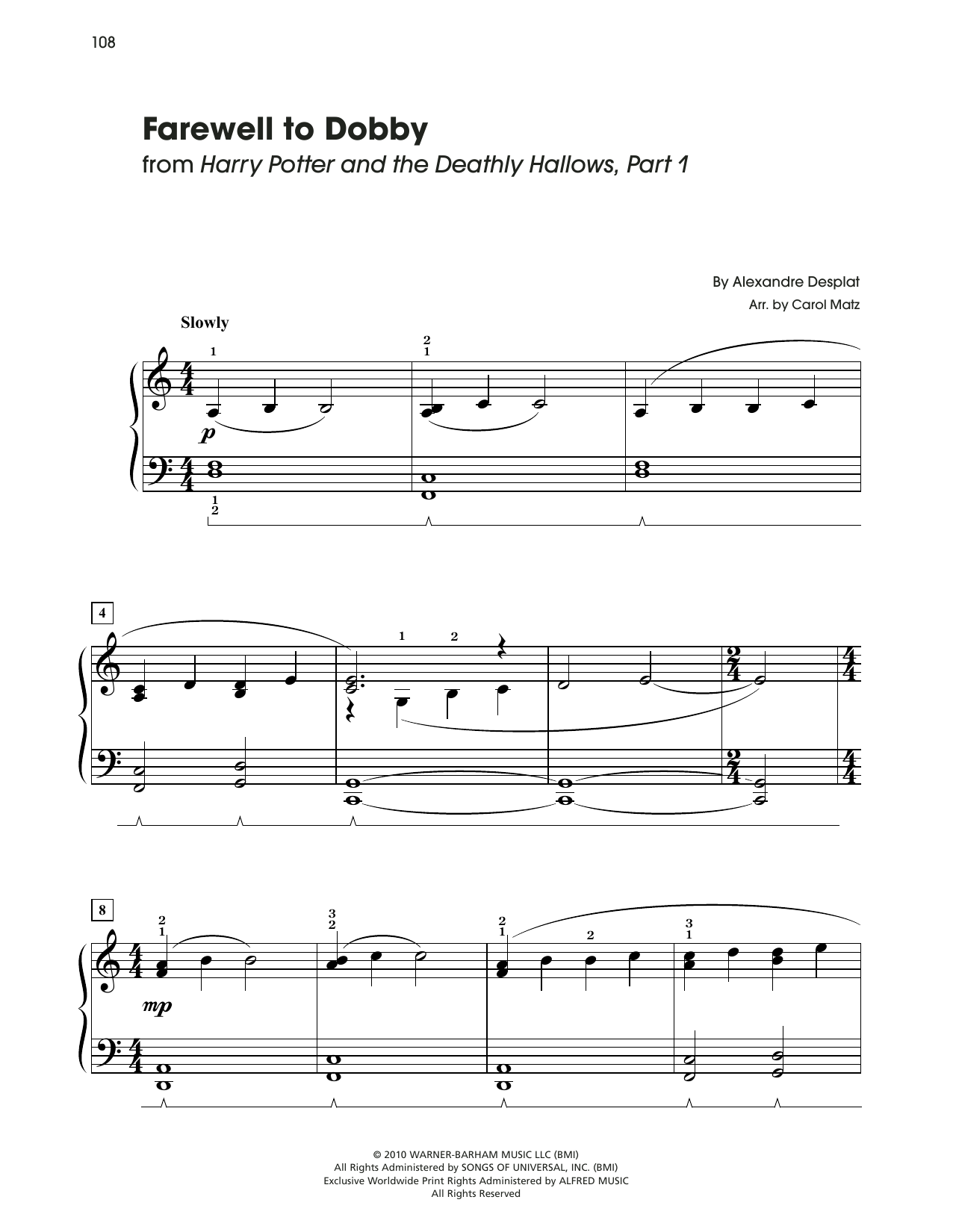 Alexandre Desplat Farewell To Dobby (from Harry Potter) (arr. Carol Matz) sheet music notes and chords arranged for Big Note Piano