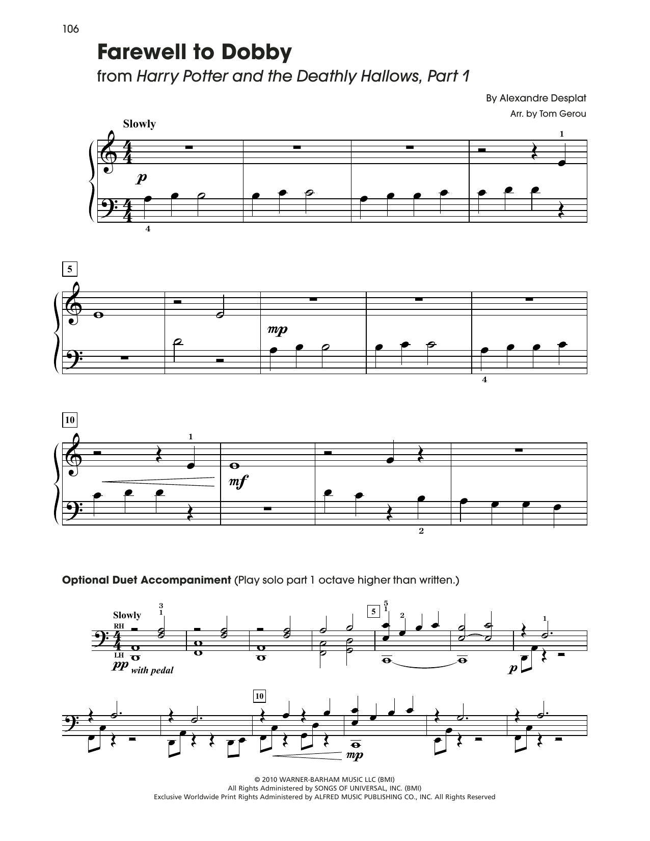 Alexandre Desplat Farewell To Dobby (from Harry Potter) (arr. Tom Gerou) sheet music notes and chords arranged for 5-Finger Piano