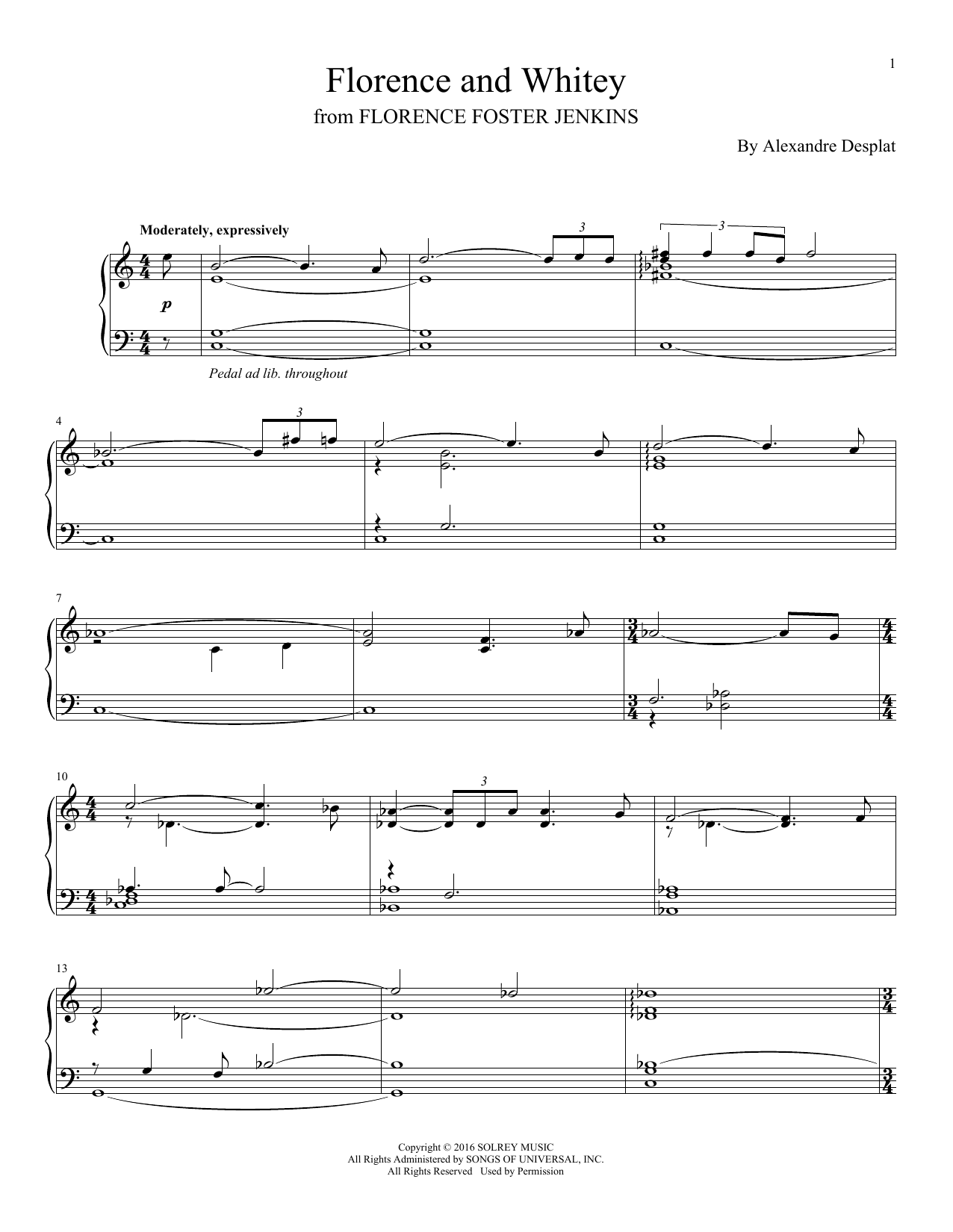 Alexandre Desplat Florence And Whitey sheet music notes and chords arranged for Piano Solo