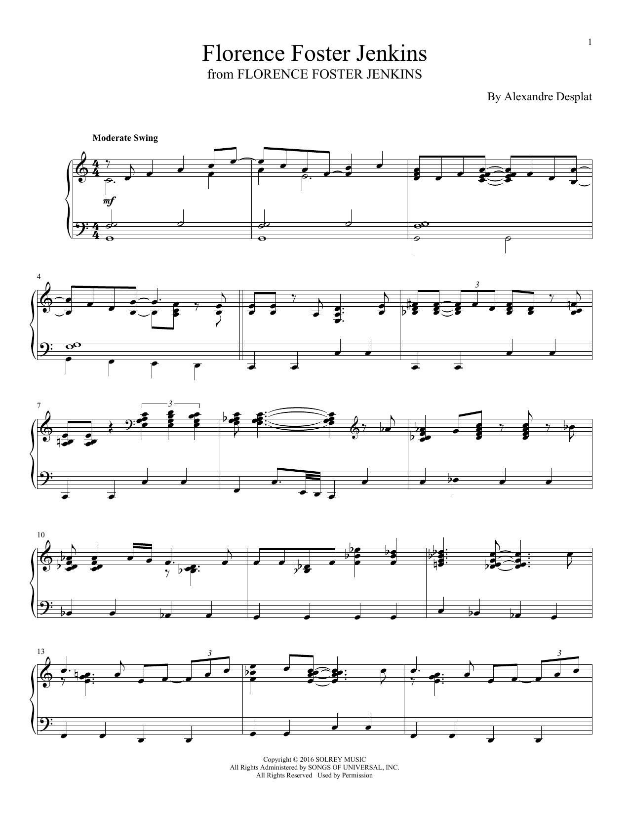 Alexandre Desplat Florence Foster Jenkins sheet music notes and chords arranged for Piano Solo