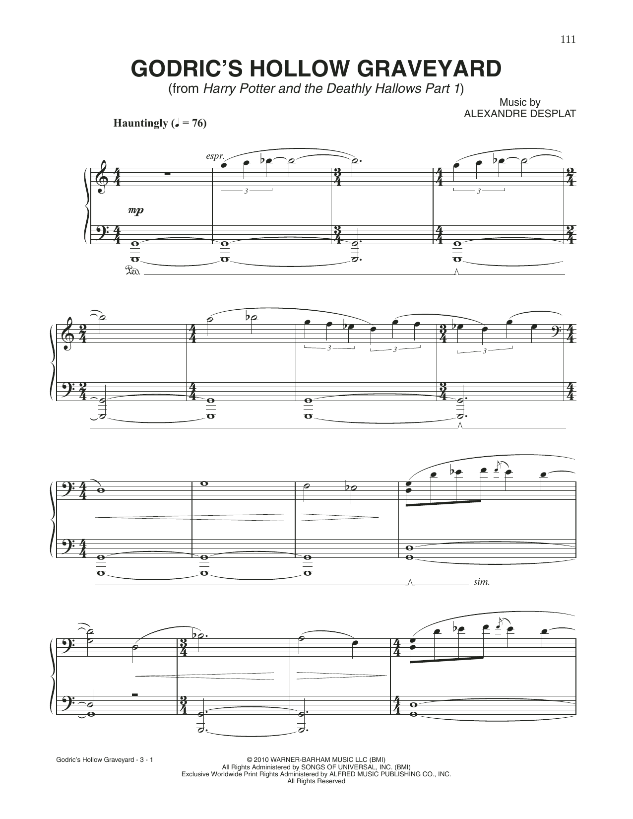 Alexandre Desplat Godric's Hollow Graveyard (from Harry Potter And The Deathly Gallows, Pt. 1) sheet music notes and chords arranged for Piano Solo