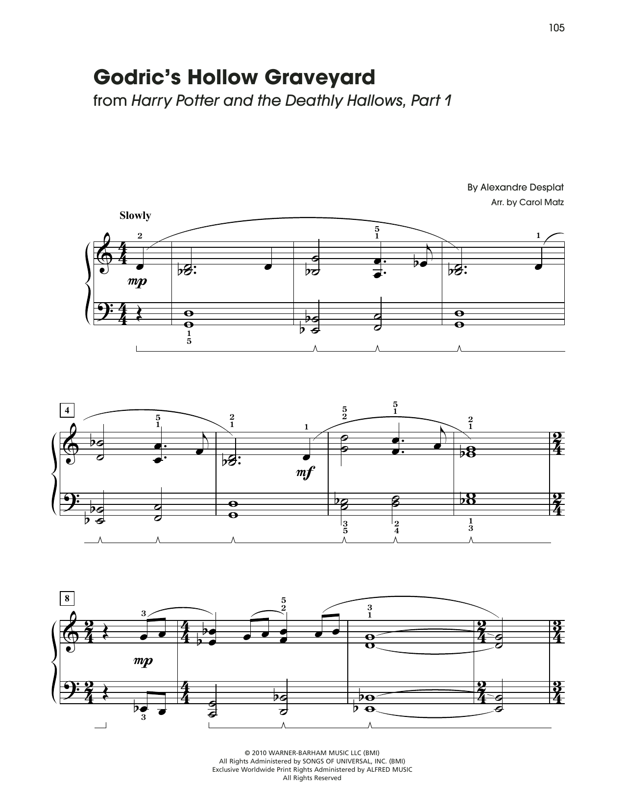 Alexandre Desplat Godric's Hollow Graveyard (from Harry Potter) (arr. Carol Matz) sheet music notes and chords arranged for Big Note Piano
