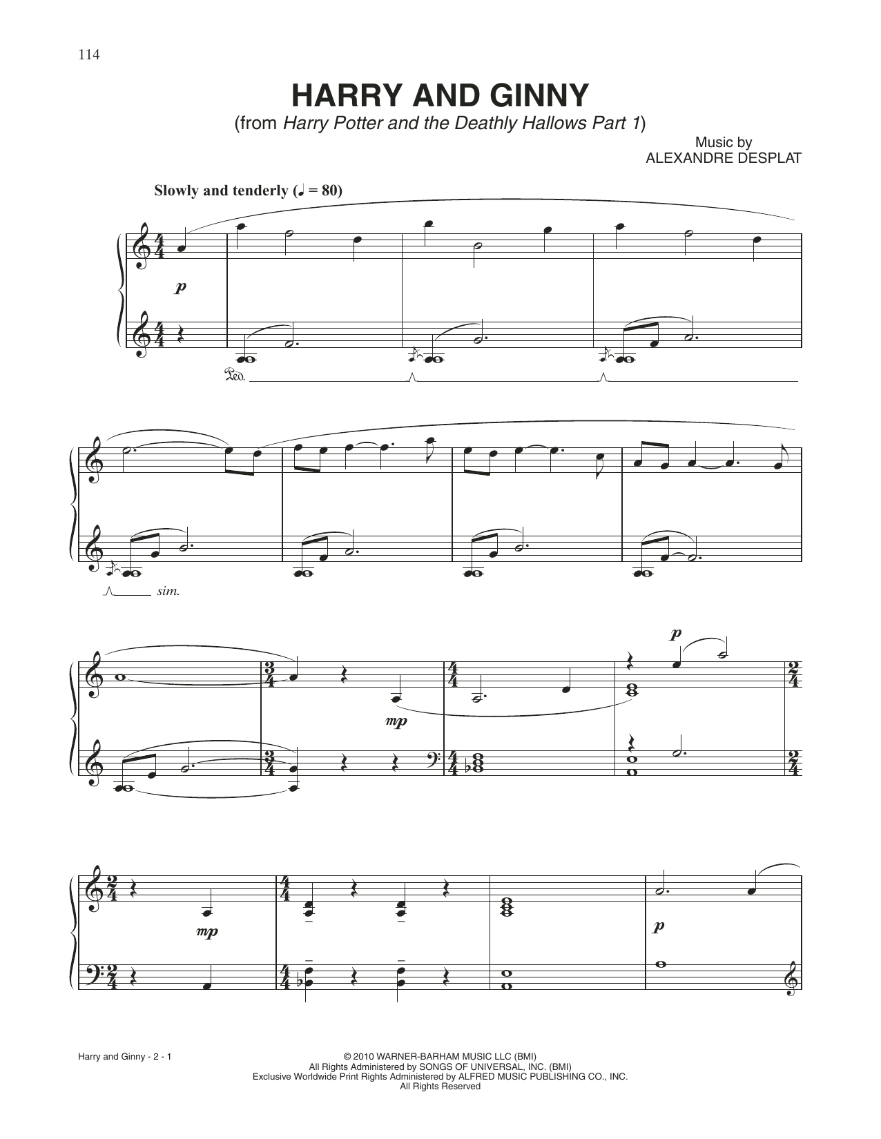 Alexandre Desplat Harry And Ginny (from Harry Potter And The Deathly Gallows, Pt. 1) sheet music notes and chords arranged for Piano Solo