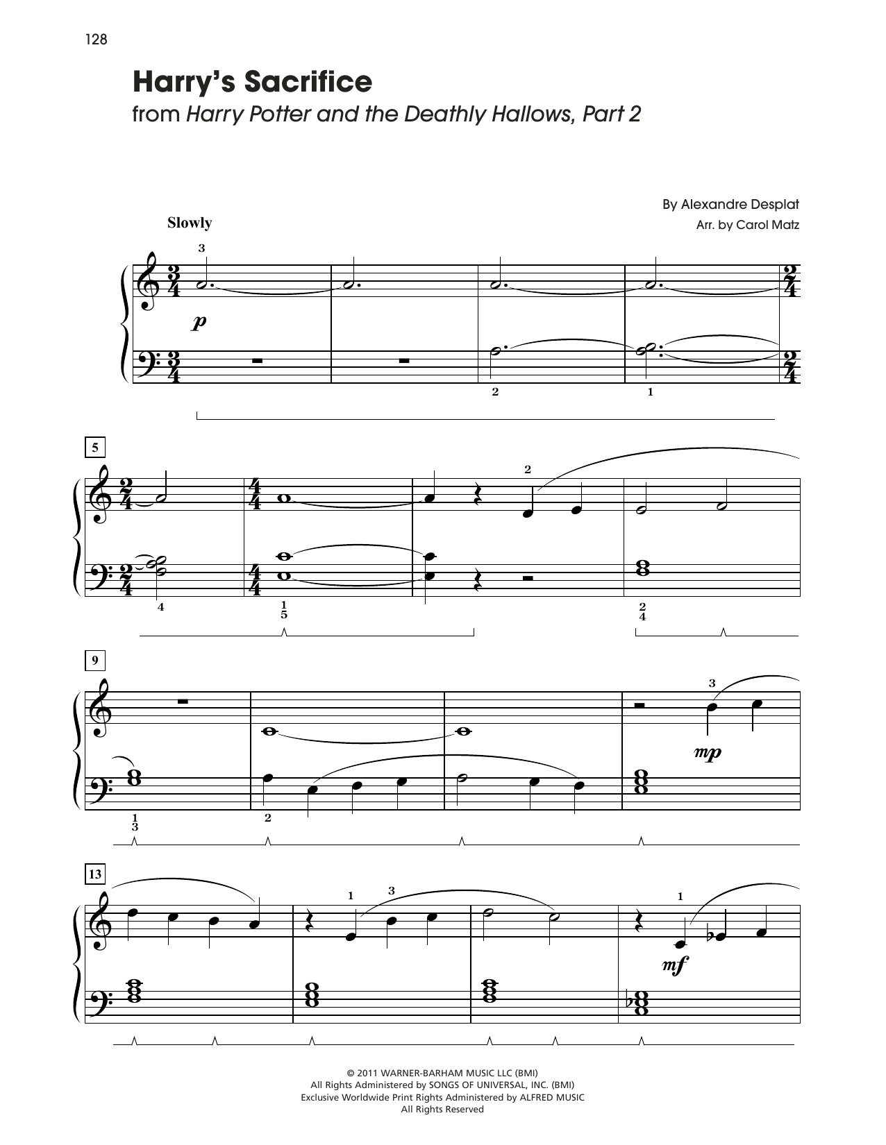 Alexandre Desplat Harry's Sacrifice (from Harry Potter) (arr. Carol Matz) sheet music notes and chords arranged for Big Note Piano