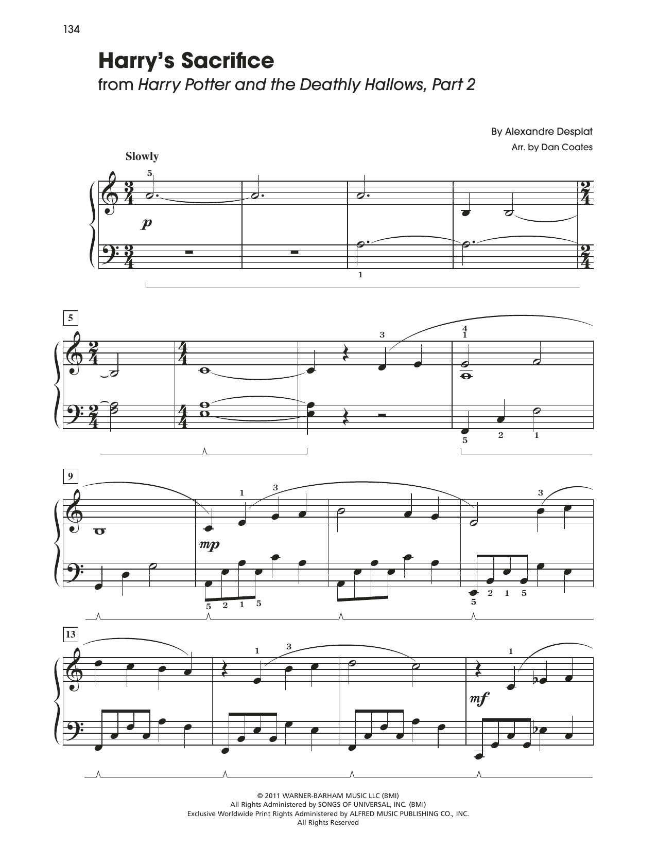 Alexandre Desplat Harry's Sacrifice (from Harry Potter) (arr. Dan Coates) sheet music notes and chords arranged for Easy Piano