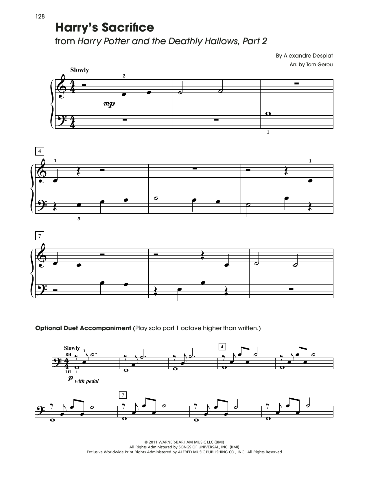 Alexandre Desplat Harry's Sacrifice (from Harry Potter) (arr. Tom Gerou) sheet music notes and chords arranged for 5-Finger Piano