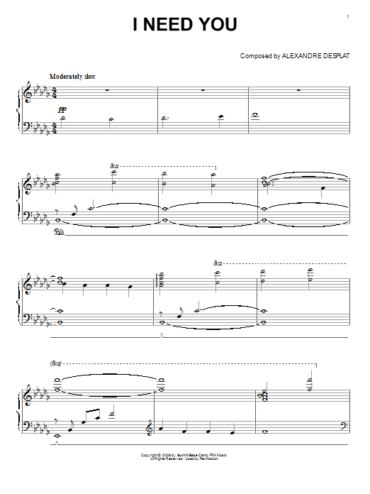 Alexandre Desplat I Need You (from The Twilight Saga: New Moon) sheet music notes and chords arranged for Piano Solo