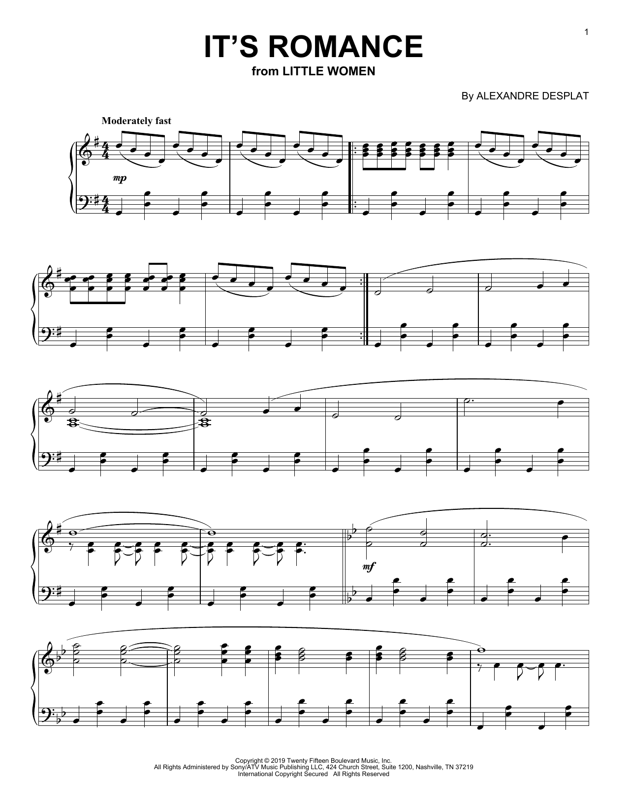 Alexandre Desplat It's Romance (from the Motion Picture Little Women) sheet music notes and chords arranged for Piano Solo