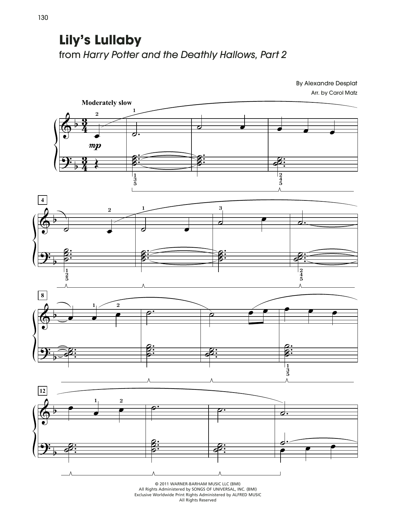 Alexandre Desplat Lily's Lullaby (from Harry Potter) (arr. Carol Matz) sheet music notes and chords arranged for Big Note Piano
