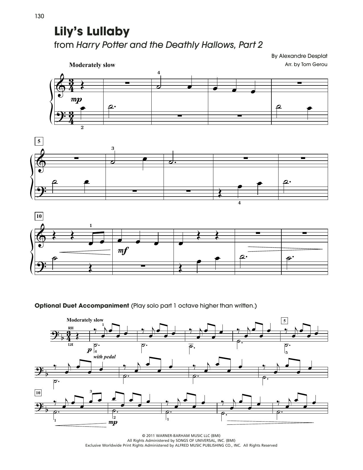 Alexandre Desplat Lily's Lullaby (from Harry Potter) (arr. Tom Gerou) sheet music notes and chords arranged for 5-Finger Piano