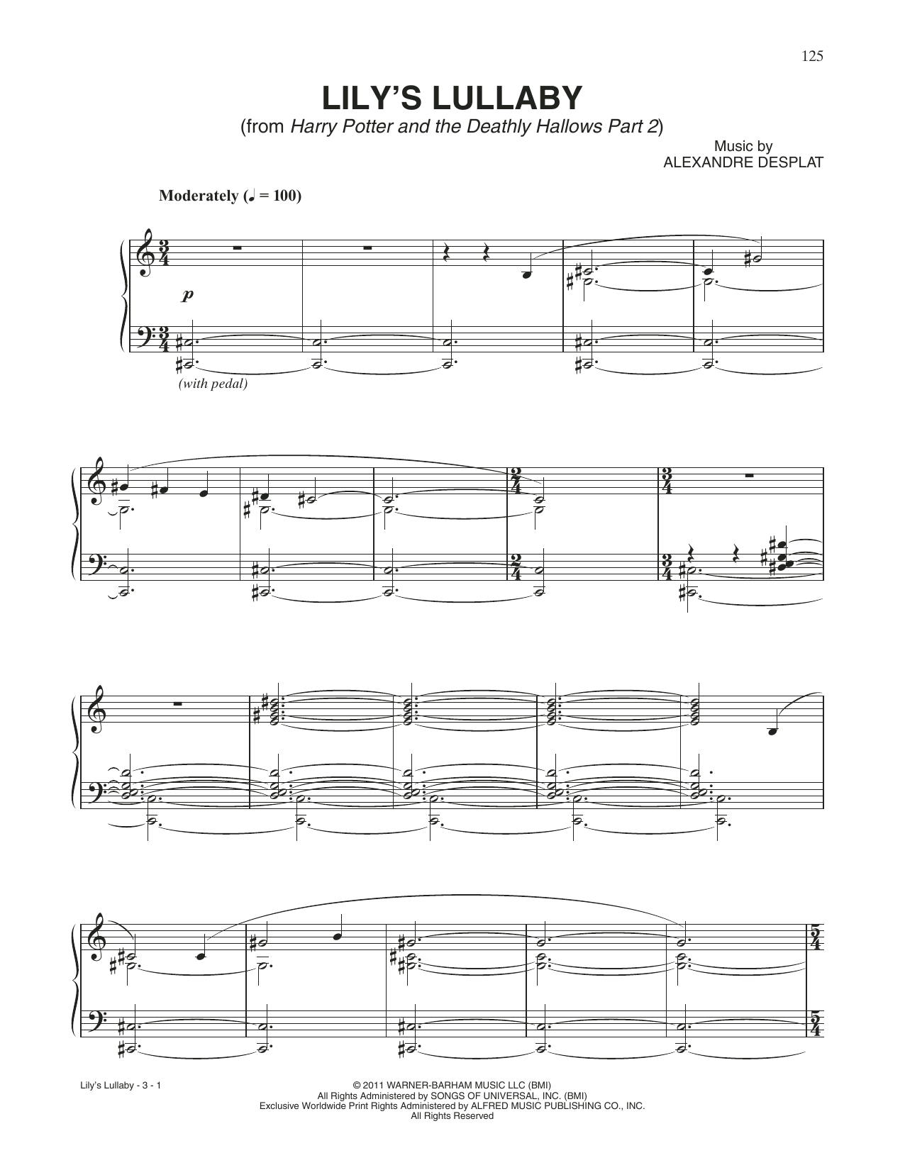 Alexandre Desplat Lily's Lullaby (from Harry Potter) sheet music notes and chords arranged for Piano Solo