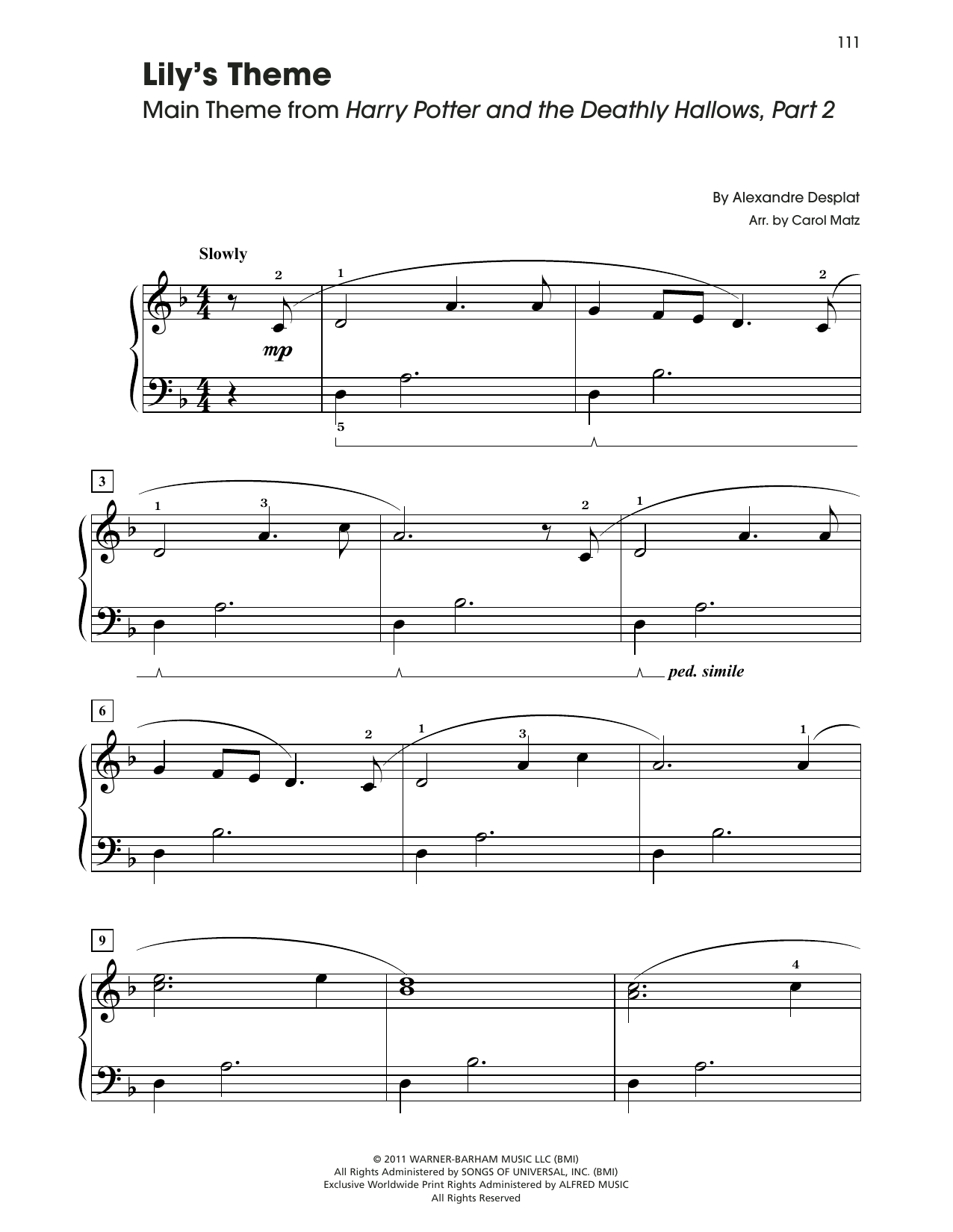 Alexandre Desplat Lily's Theme (from Harry Potter And The Deathly Hallows, Pt. 2) sheet music notes and chords arranged for Big Note Piano