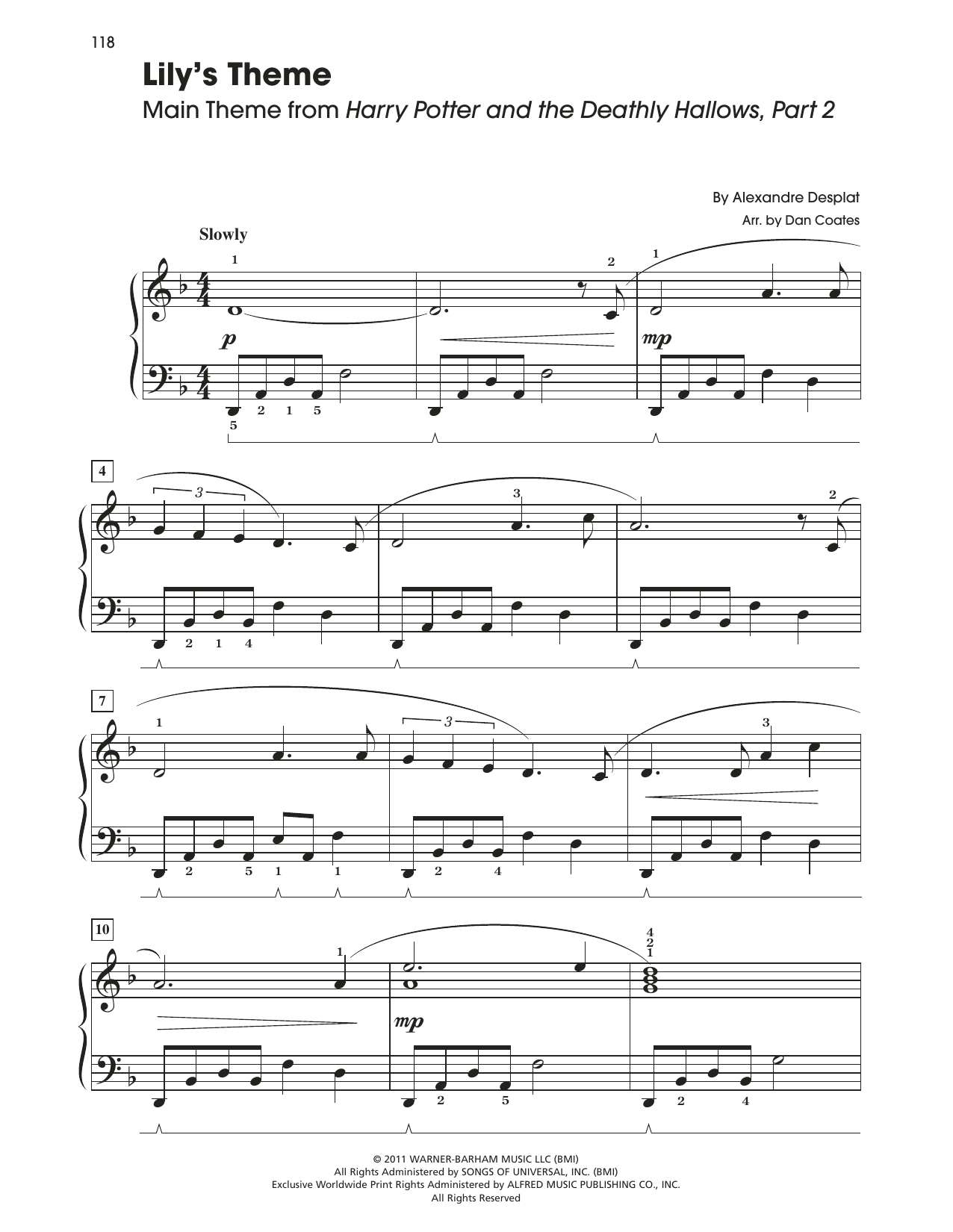 Alexandre Desplat Lily's Theme (from Harry Potter And The Deathly Hallows, Pt. 2) sheet music notes and chords arranged for Easy Piano