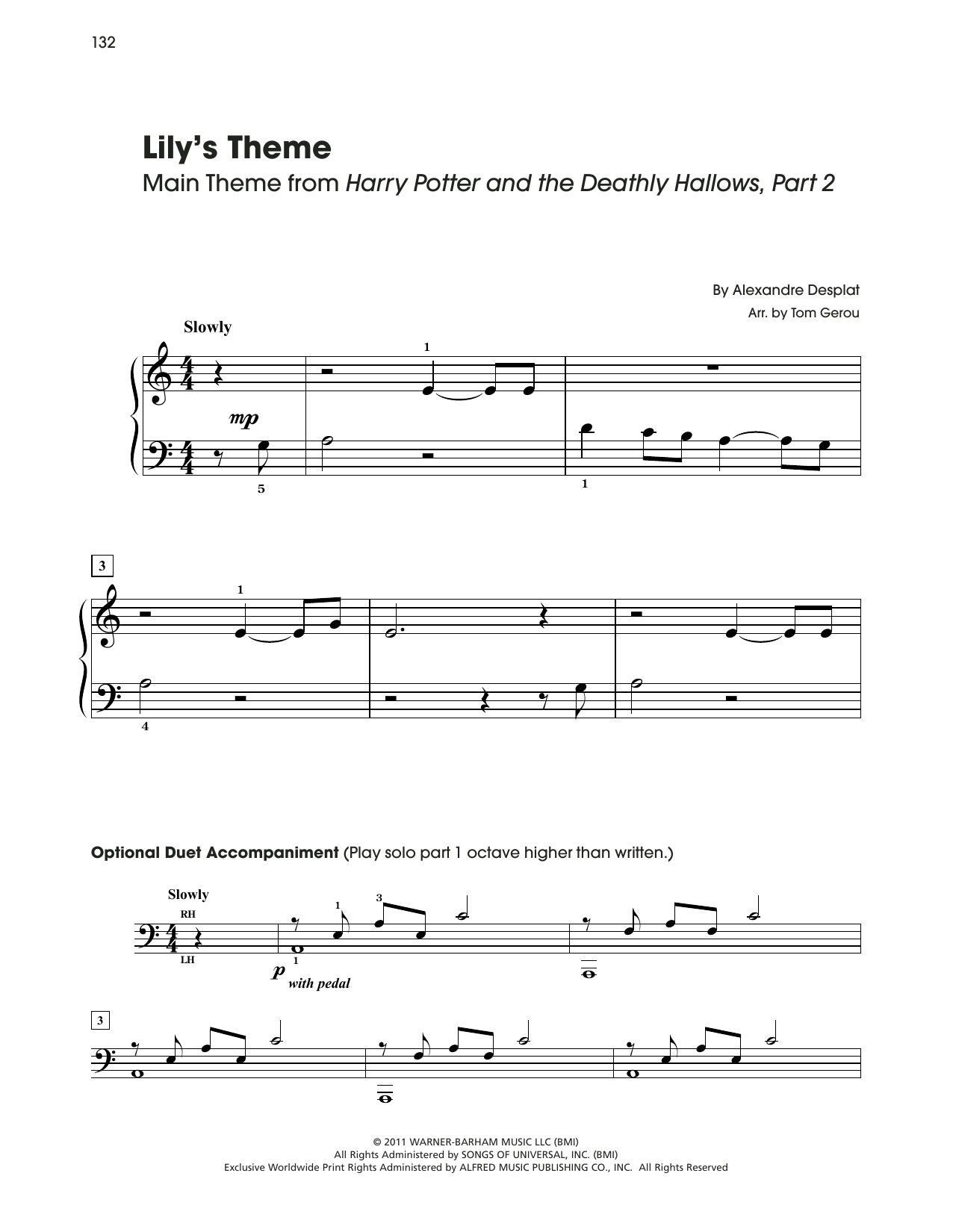 Alexandre Desplat Lily's Theme (from Harry Potter) (arr. Tom Gerou) sheet music notes and chords arranged for 5-Finger Piano