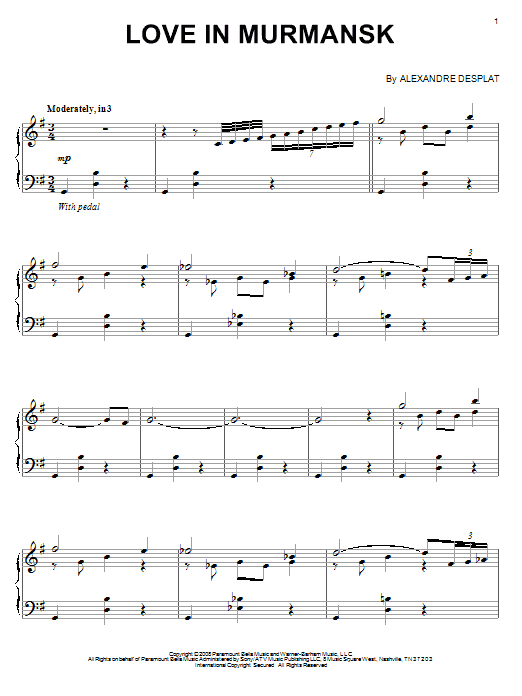 Alexandre Desplat Love In Murmansk sheet music notes and chords arranged for Piano Solo