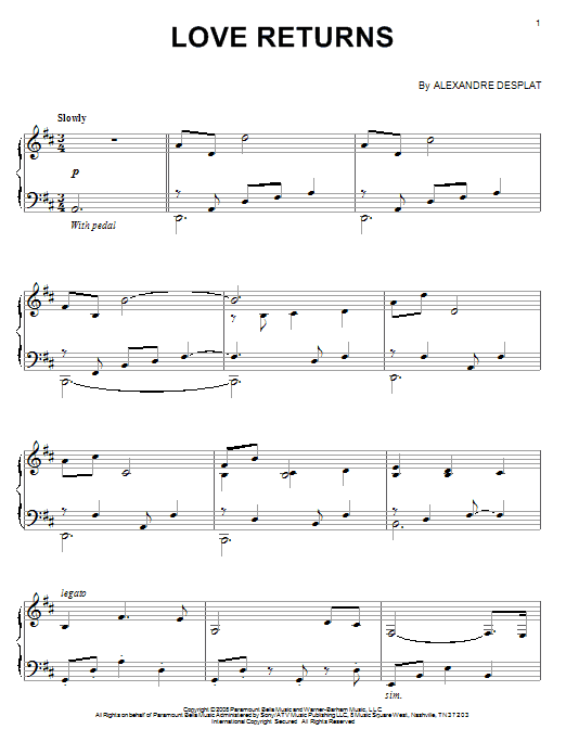 Alexandre Desplat Love Returns sheet music notes and chords arranged for Piano Solo
