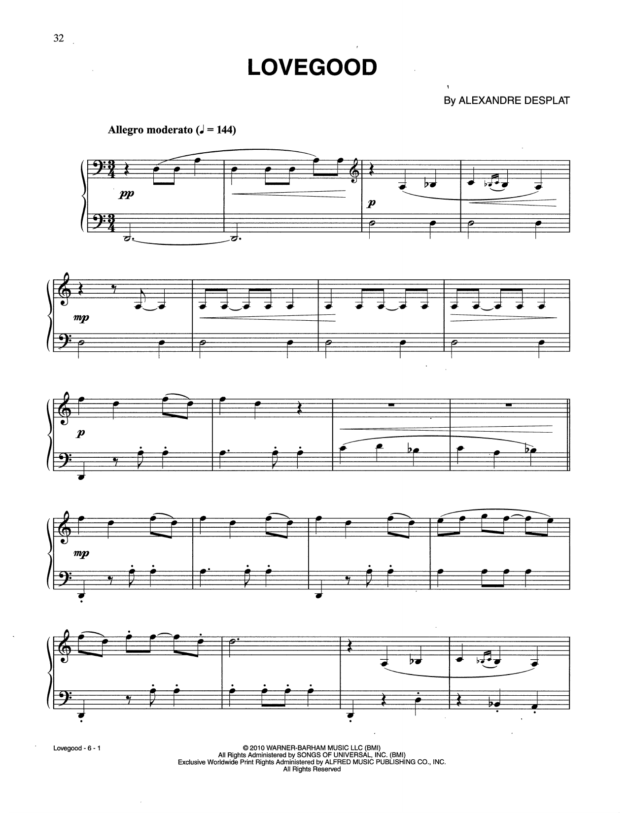 Alexandre Desplat Lovegood (from Harry Potter And The Deathly Gallows, Pt. 1) sheet music notes and chords arranged for Piano Solo